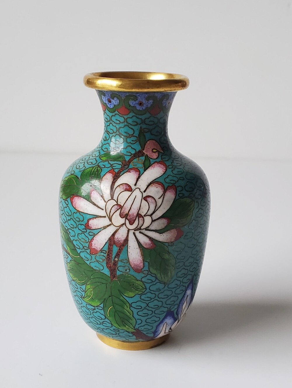 Vtg Chinese Cloisonné Miniature Bud Vase Teal Chrysanthemum 4.25"